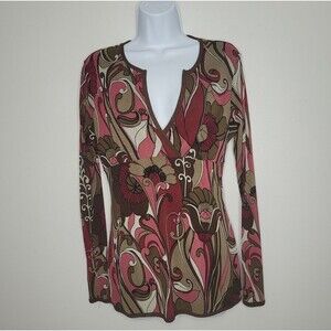 Vintage y2k brown pink groovy retro flower print long sleeve top size medium